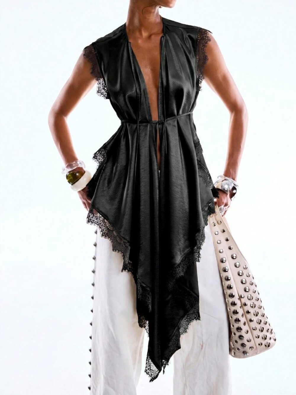 Black Sexy Women's Minimalist Deep V Sleeveless Top - Picture 7 of 8